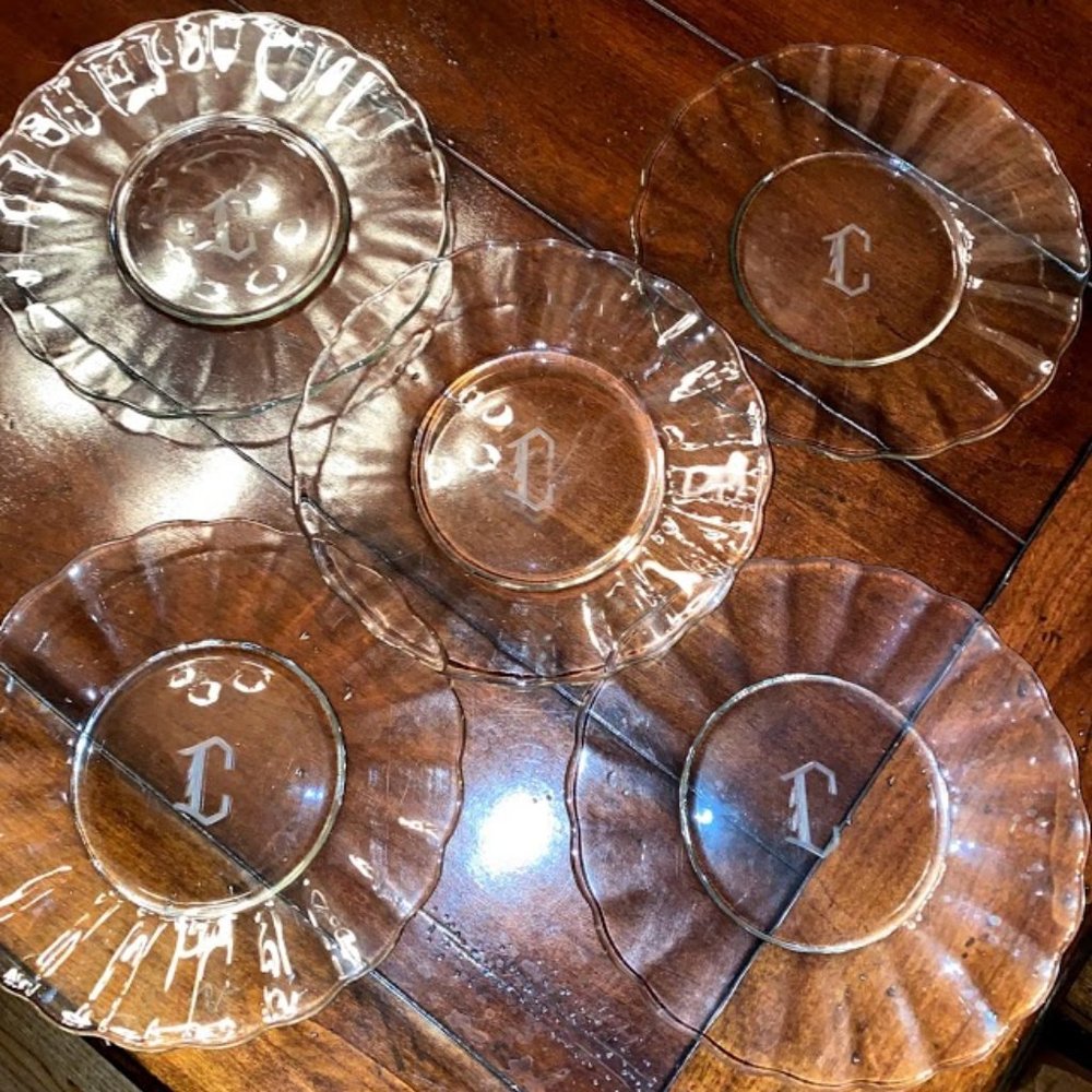 Set of 5 glass monongramed "C" plates